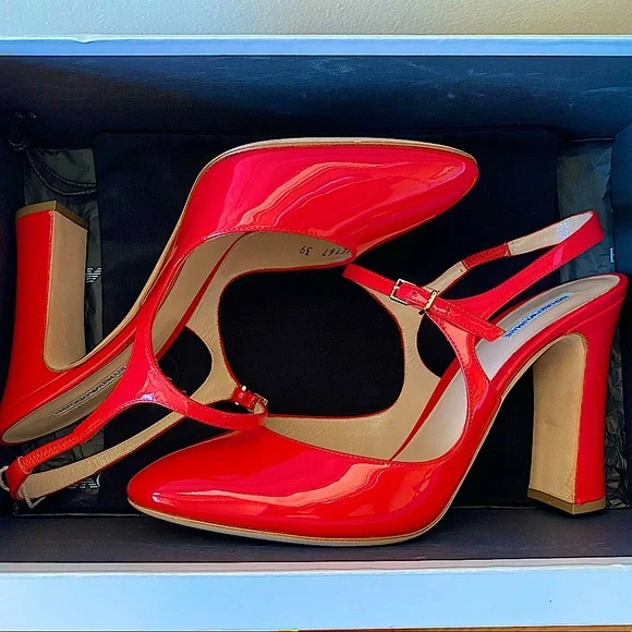 Emporio Armani 39 Bright Red Sexy Classic Rate Patent Leather Slingback Pumps!